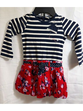 Girls Catimini Bubble Dress Size 3 Blue Red Striped Floral Spring Umbrella